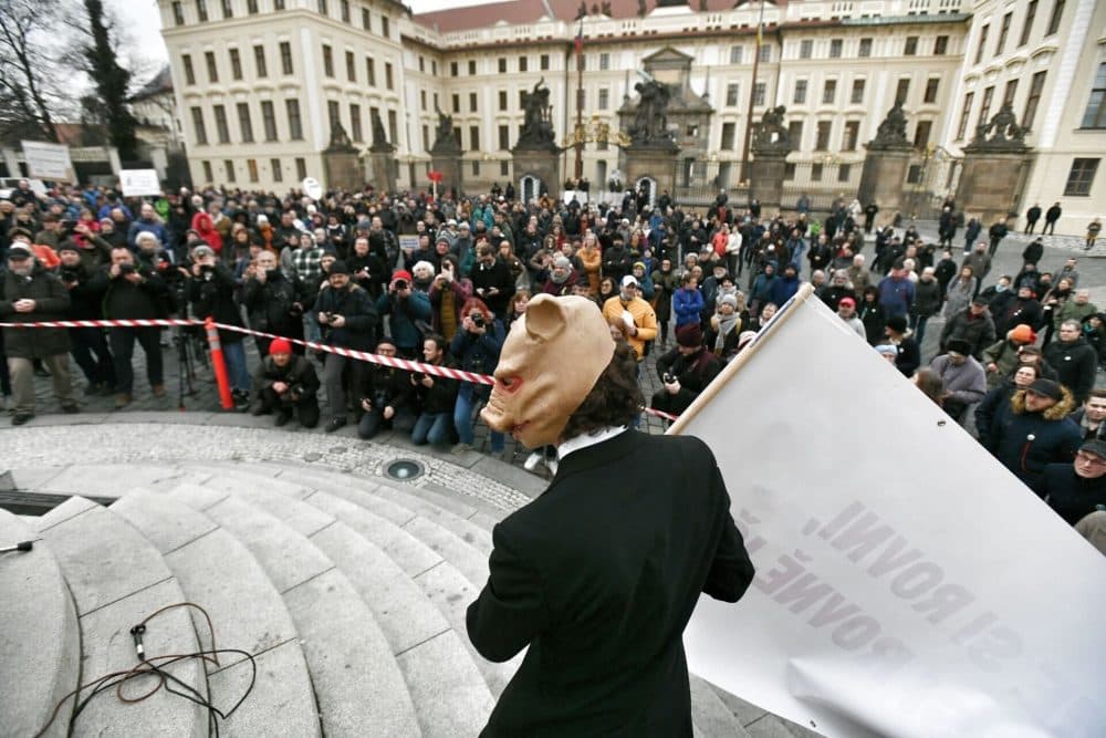 В Праге прошла демонстрация против президента Милоша Земана. Люди надели маски в виде свиней и цитировали Оруэлла